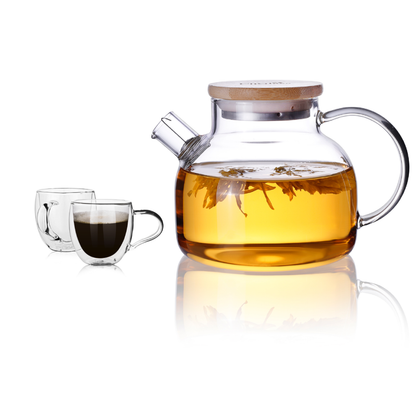 Double Wall Insulated Cups Lead Free Clear Glass Teapot Pitcher Set 3 Pcs