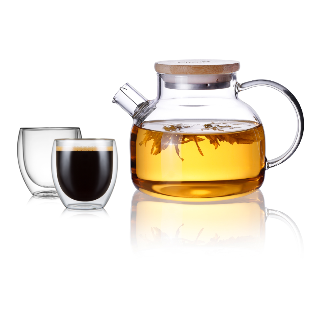 600ml Water Pitcher Glass Teapot Stemless Double Wall Cup Set 3 Pcs