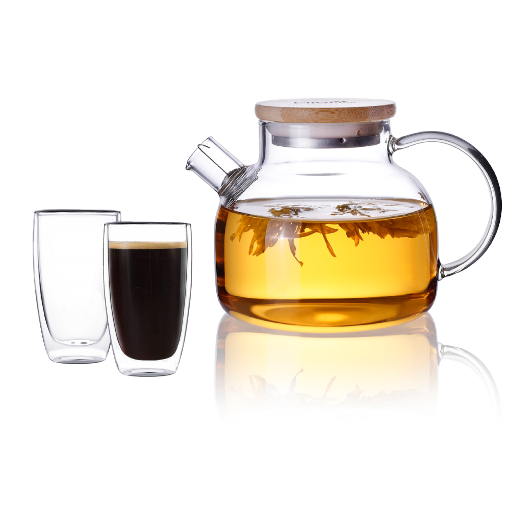 600ml Water Pitcher Glass Teapot Stemless Double Wall Cup Set 3 Pcs