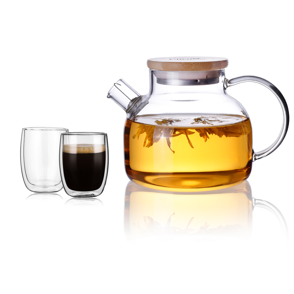 600ml Water Pitcher Glass Teapot Stemless Double Wall Cup Set 3 Pcs