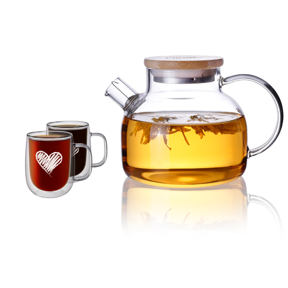 Double Wall Insulated Cups Lead Free Clear Glass Teapot Pitcher Set 3 Pcs