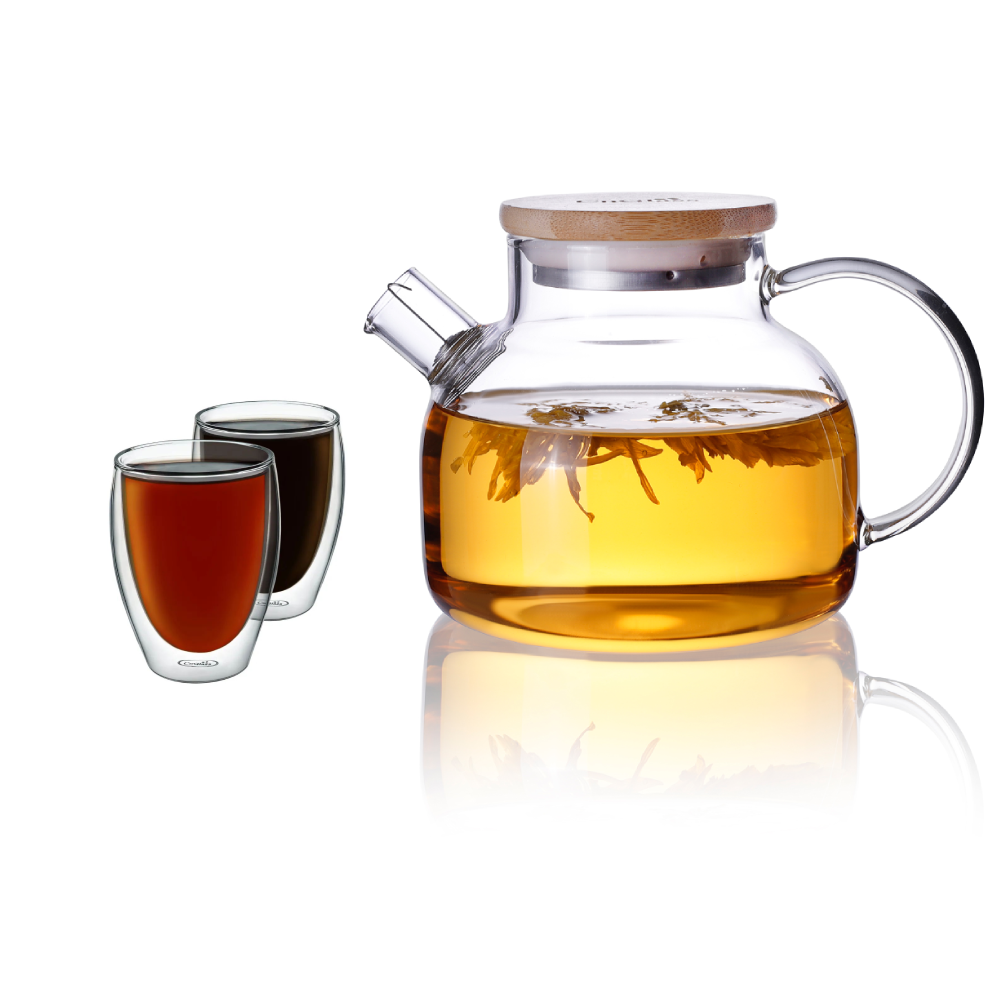 600ml Water Pitcher Glass Teapot Stemless Double Wall Cup Set 3 Pcs