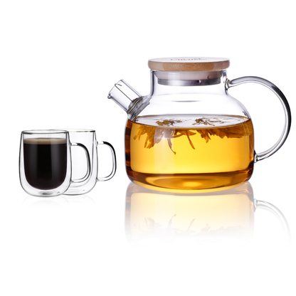 Double Wall Insulated Cups Lead Free Clear Glass Teapot Pitcher Set 3 Pcs