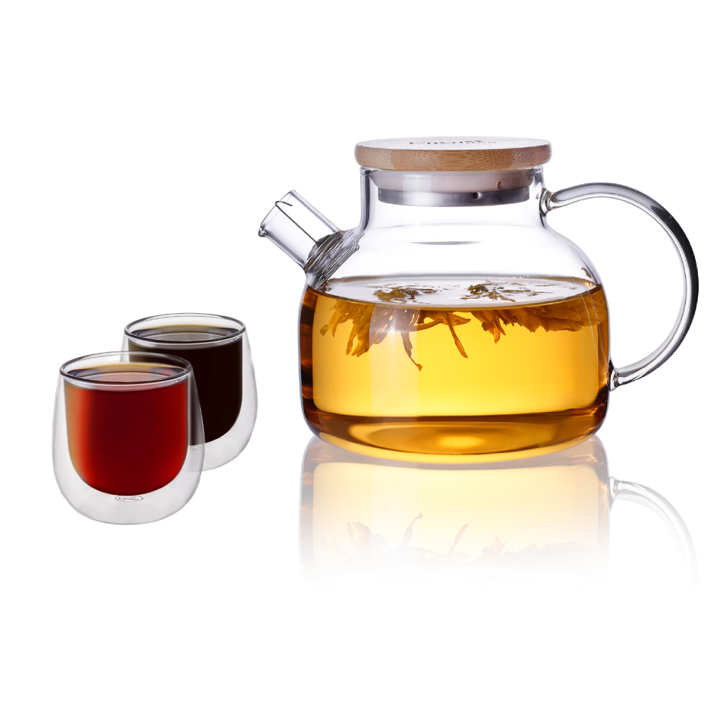 600ml Water Pitcher Glass Teapot Stemless Double Wall Cup Set 3 Pcs