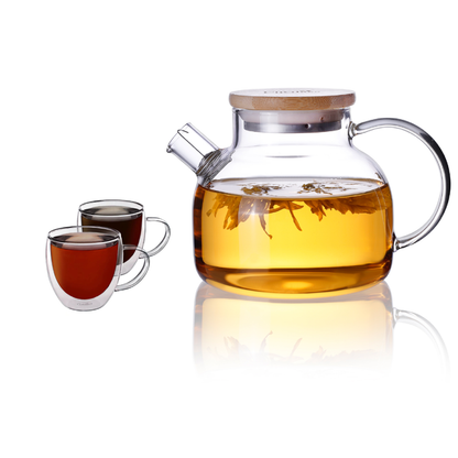 Double Wall Insulated Cups Lead Free Clear Glass Teapot Pitcher Set 3 Pcs