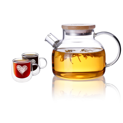 Double Wall Insulated Cups Lead Free Clear Glass Teapot Pitcher Set 3 Pcs