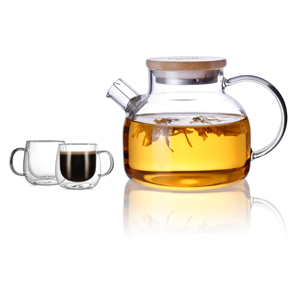 Double Wall Insulated Cups Lead Free Clear Glass Teapot Pitcher Set 3 Pcs