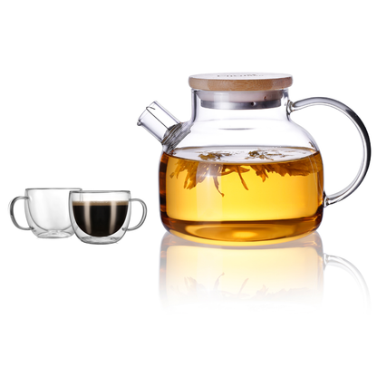 Double Wall Insulated Cups Lead Free Clear Glass Teapot Pitcher Set 3 Pcs