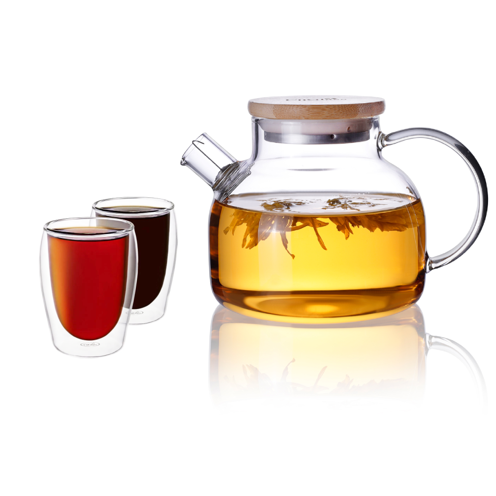 600ml Water Pitcher Glass Teapot Stemless Double Wall Cup Set 3 Pcs