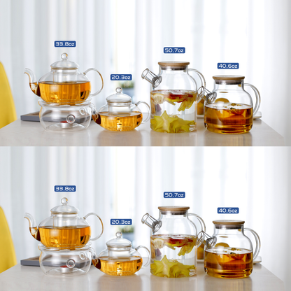 Insulated Glass Teapot Bamboo Lid Water Pitcher Tea Cups Set 5 Pcs