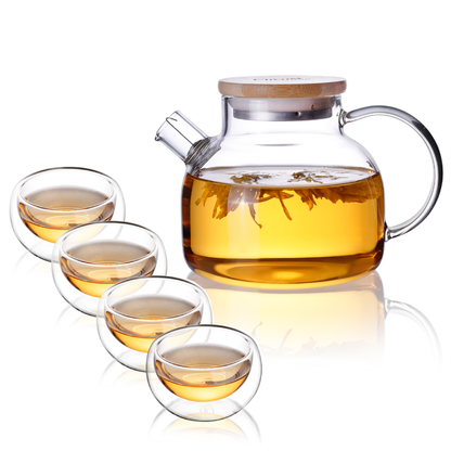 Insulated Glass Teapot Bamboo Lid Water Pitcher Tea Cups Set 5 Pcs