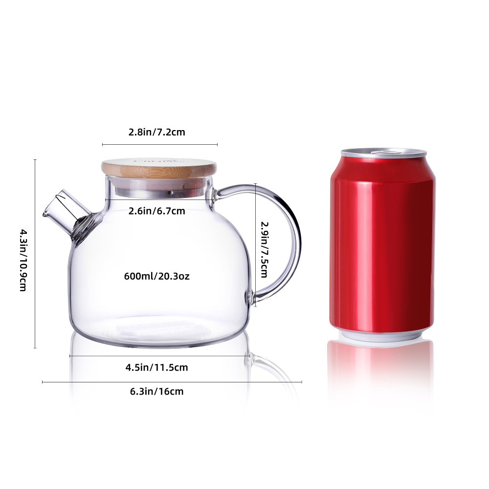 Pichet à eau en verre borosilicaté avec bec verseur amovible et couvercle en bambou de 20,3 oz