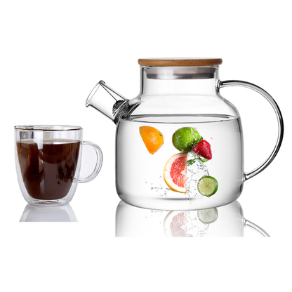 Water Pitcher High Borosilicate 40.6oz Glass Teapot Cup Set 2 Pcs