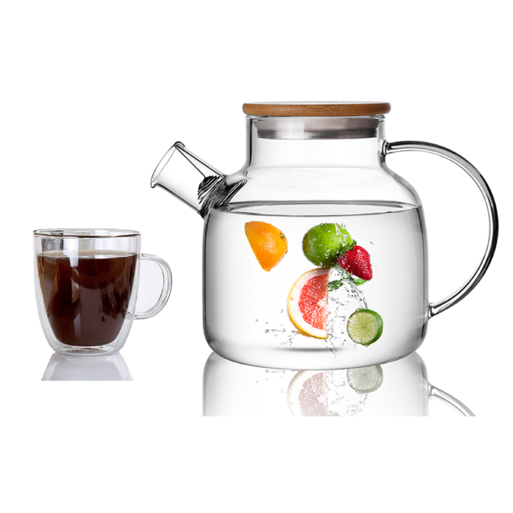 Water Pitcher High Borosilicate 40.6oz Glass Teapot Cup Set 2 Pcs