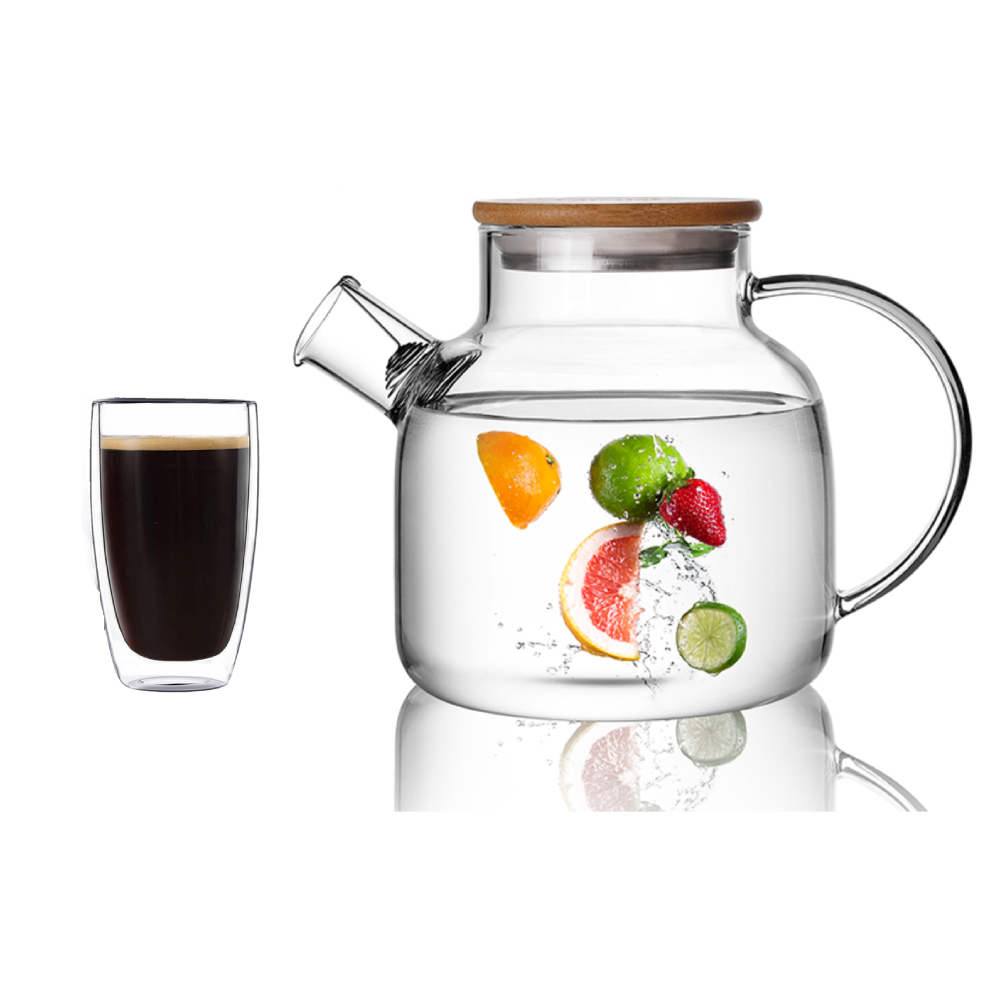 Pichet à eau en verre borosilicate à haute teneur en borosilicate, 40,6 oz, lot de 2 tasses à thé