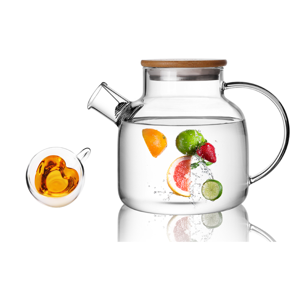 Water Pitcher High Borosilicate 40.6oz Glass Teapot Cup Set 2 Pcs