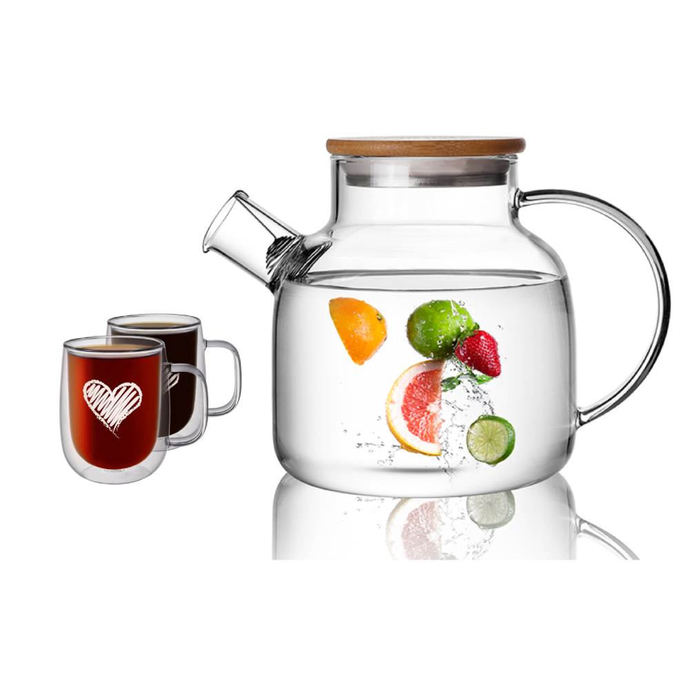 Household Clear Double Wall Cups Glass Teapot Pitcher Set 3 Pcs