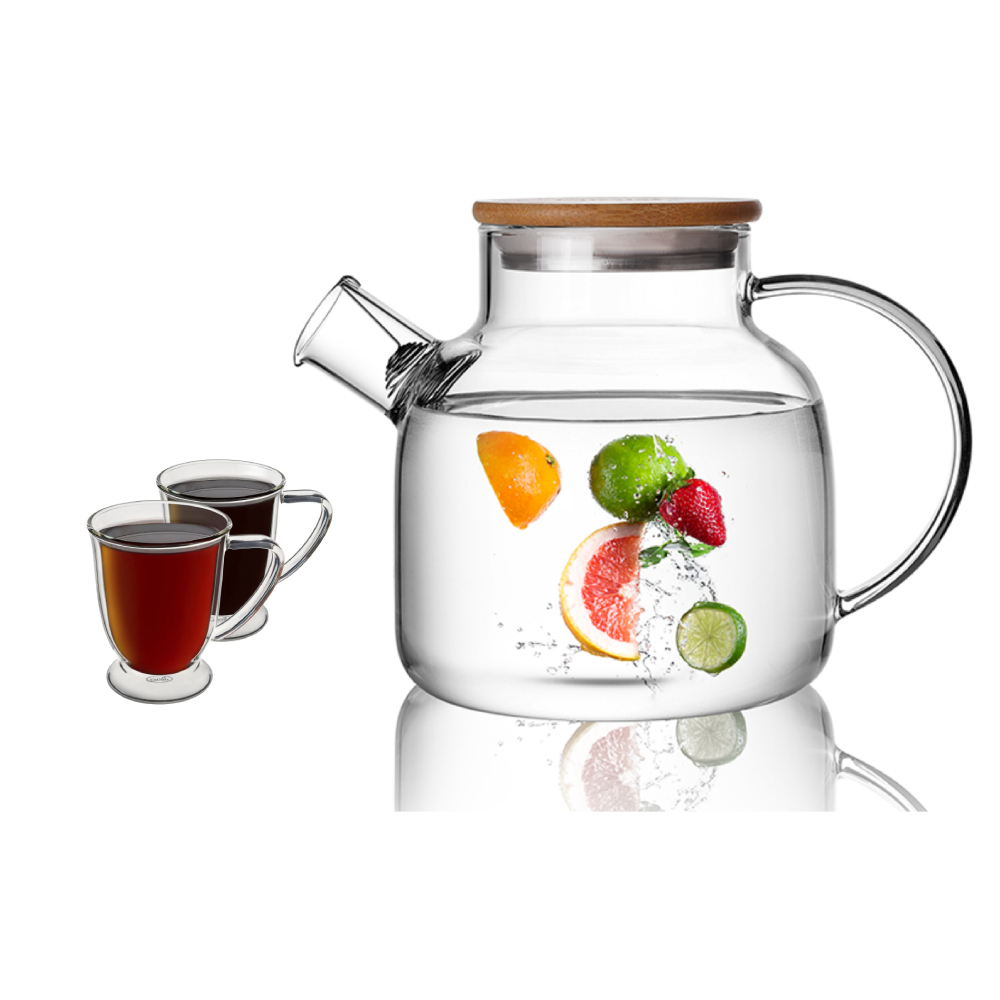 40.6oz Hot And Cold Beverage Teapot Pitcher Glass Handled Cups Set 3 Pcs