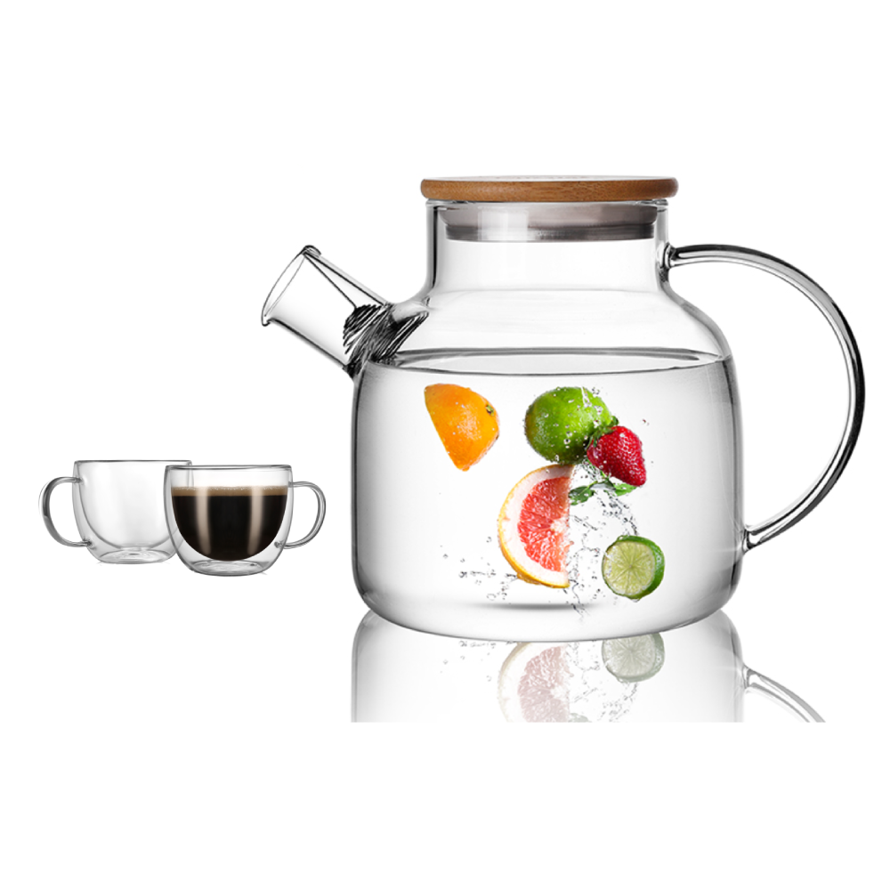 Household Clear Double Wall Cups Glass Teapot Pitcher Set 3 Pcs