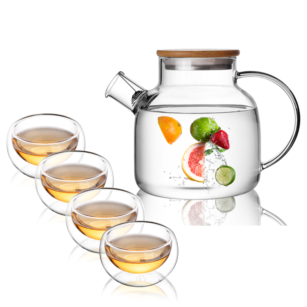 Insulated Glass Teapot Bamboo Lid Water Pitcher Tea Cups Set 5 Pcs