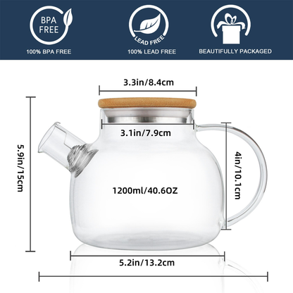 20,3 oz - 50,7 oz Teekanne aus Borosilikatglas mit Bambusdeckel und abnehmbarem Filterausguss