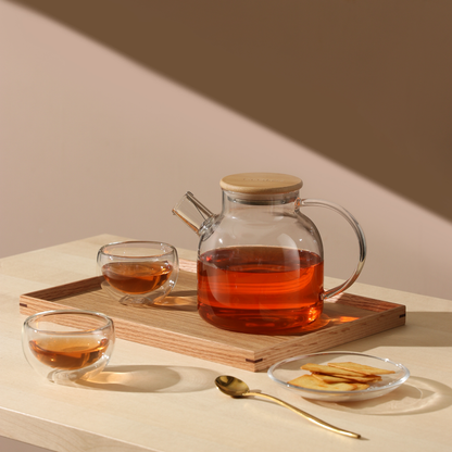 Insulated Glass Teapot Bamboo Lid Water Pitcher Tea Cups Set 5 Pcs