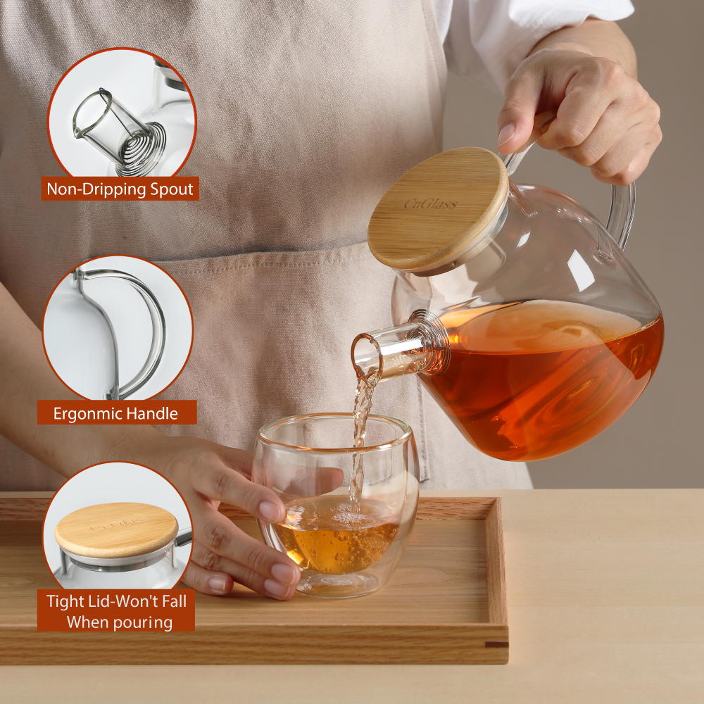 20.3oz - 50.7oz Bamboo Lid Borosilicate Glass Teapot Water Pitcher with Removable Filter Spout