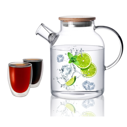 Insulated Double Wall Cup Bamboo Lid Water Pitcher Glass Teapot Set 3 Pcs