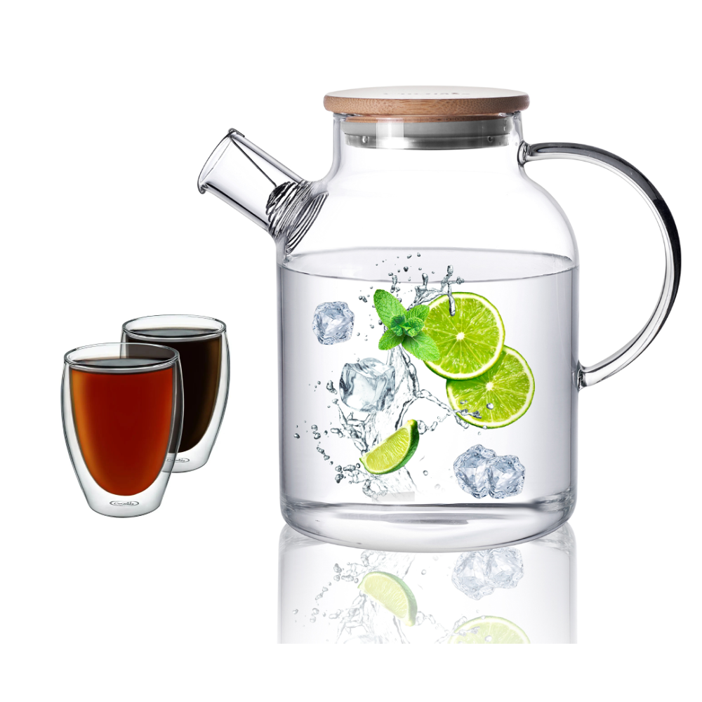 Insulated Double Wall Cup Bamboo Lid Water Pitcher Glass Teapot Set 3 Pcs