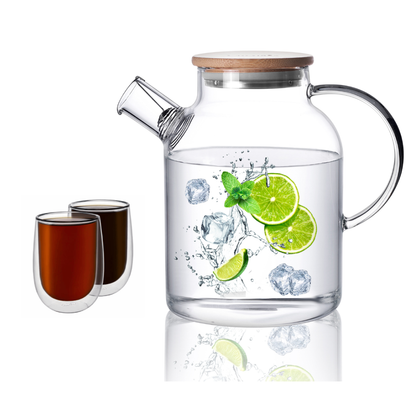 Insulated Double Wall Cup Bamboo Lid Water Pitcher Glass Teapot Set 3 Pcs