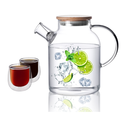 Insulated Double Wall Cup Bamboo Lid Water Pitcher Glass Teapot Set 3 Pcs