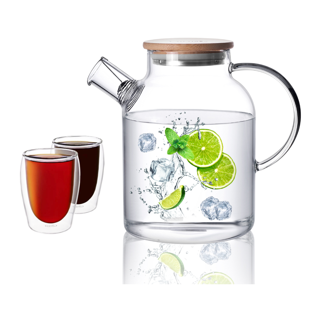 Insulated Double Wall Cup Bamboo Lid Water Pitcher Glass Teapot Set 3 Pcs