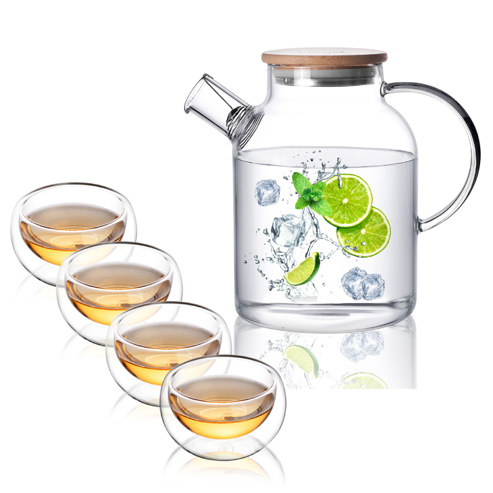 Insulated Glass Teapot Bamboo Lid Water Pitcher Tea Cups Set 5 Pcs