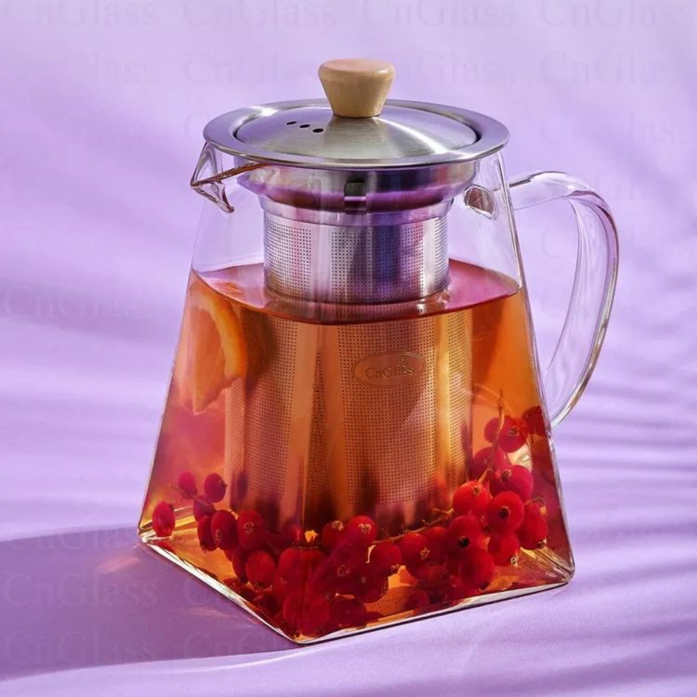 Square Stainless Steel Infuser 24oz Handmade Borosilicate Glass Teapot for Fruit Tea