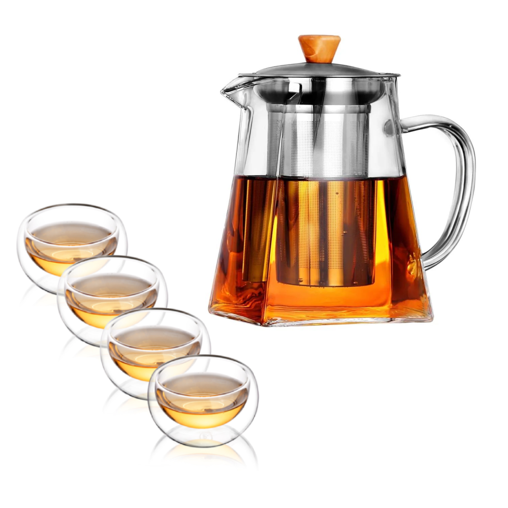 Insulated Cups Glass Removable Filter Spout Teapot Set 5 Pcs