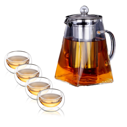 Insulated Cups Glass Removable Filter Spout Teapot Set 5 Pcs