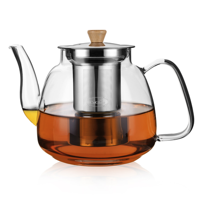 Removable Infuser Clear Tea Kettle 37.5oz Glass Teapot With Wooden Pull Knob Lid