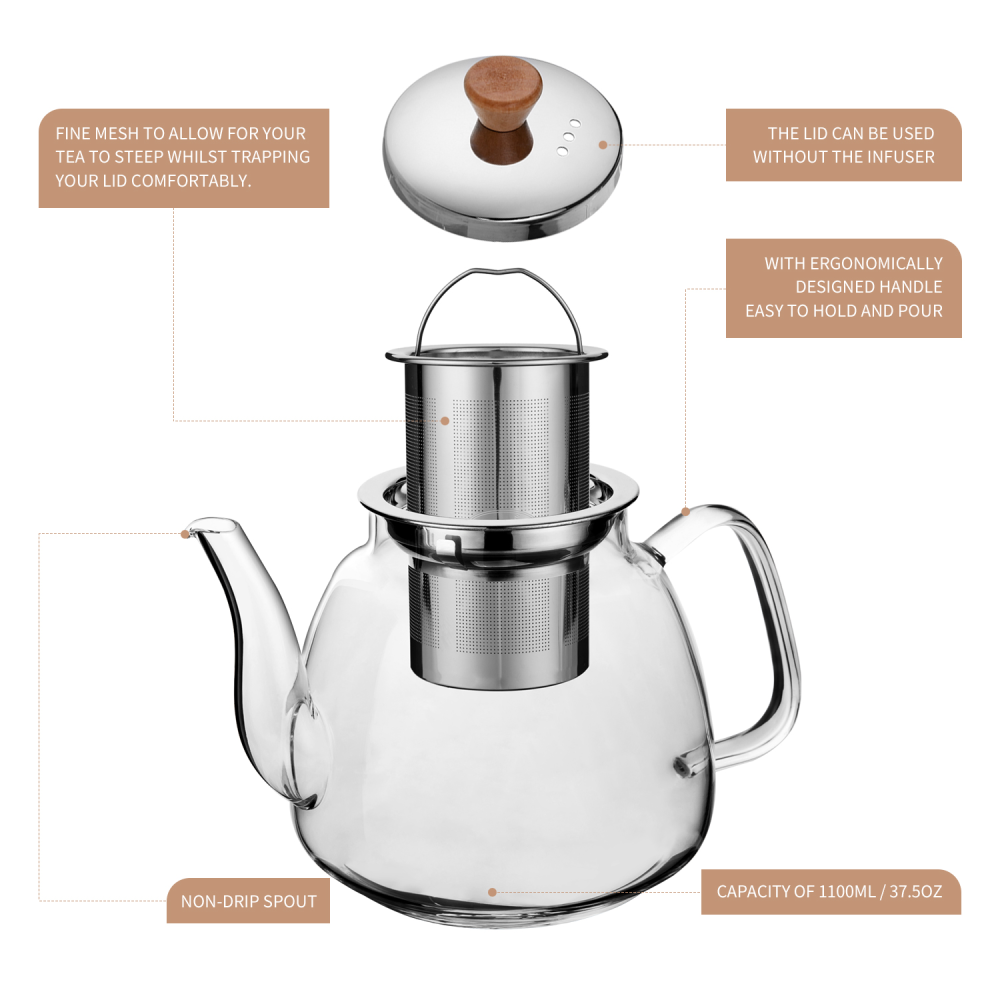 Removable Infuser Clear Tea Kettle 37.5oz Glass Teapot With Wooden Pull Knob Lid