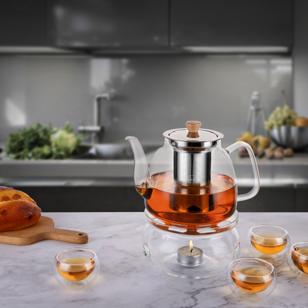 Abnehmbarer Infuser Clear Tea Kettle 31oz Glasteekanne mit hölzernem Zugknopfdeckel