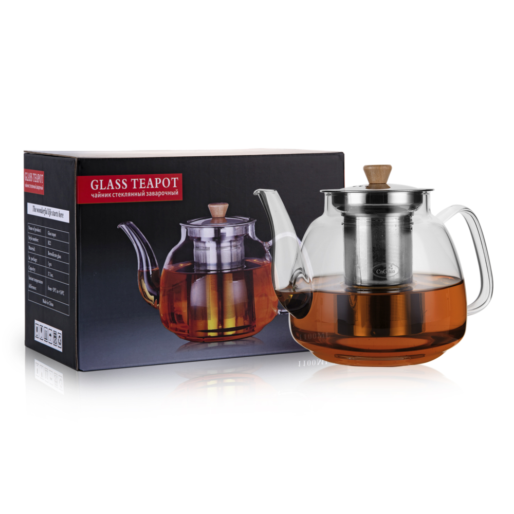 Removable Infuser Clear Tea Kettle 37.5oz Glass Teapot With Wooden Pull Knob Lid