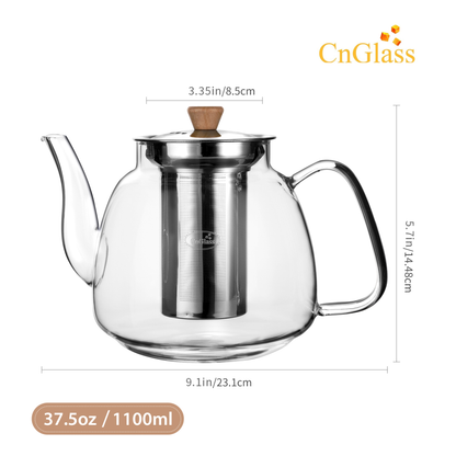 Abnehmbarer Infuser Clear Tea Kettle 31oz Glasteekanne mit hölzernem Zugknopfdeckel