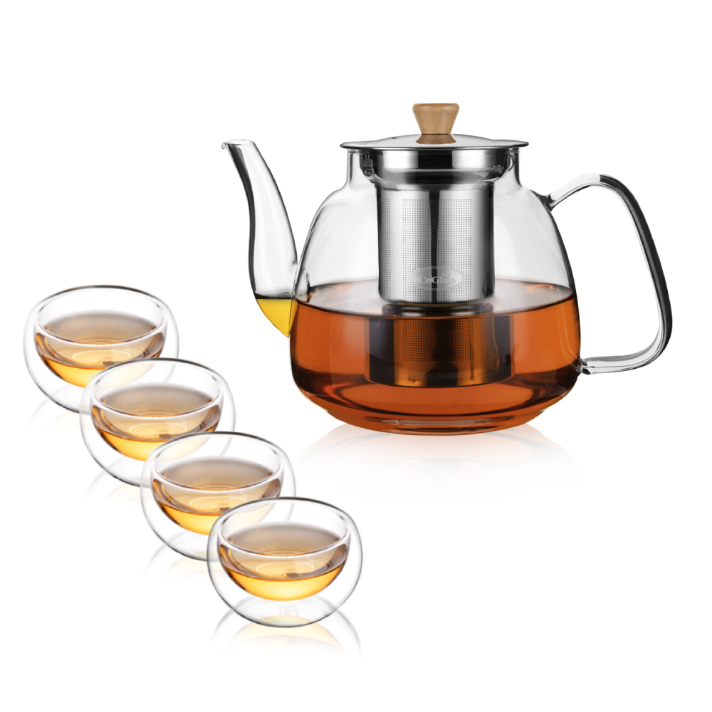 Insulated Cups Glass Removable Filter Spout Teapot Set 5 Pcs