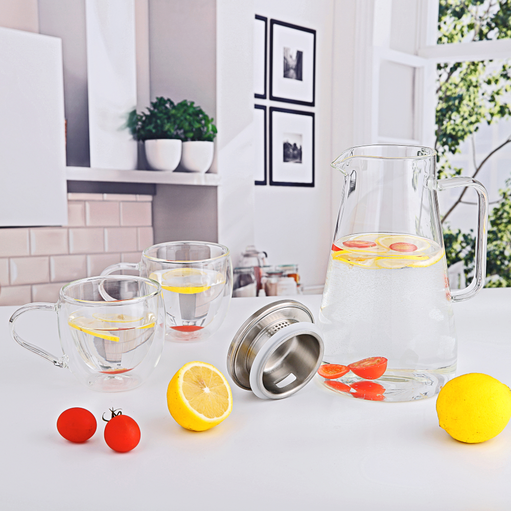 1650ml 56oz Abnehmbarer Infuser Borosilikatglas Wasserkrug mit Edelstahldeckel