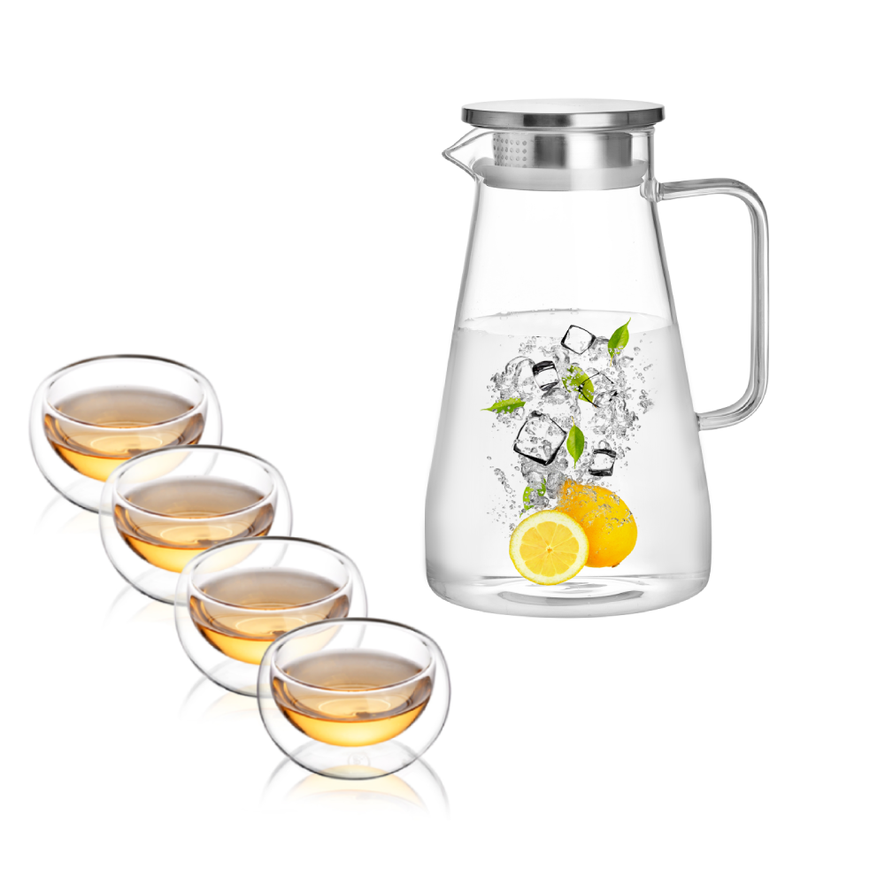 Insulated Glass Cups Tea Fruit Beverages Pitcher With Filter 5 Pcs Set