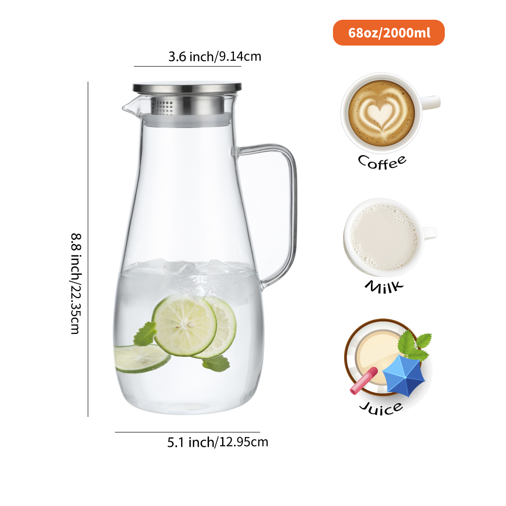 Pichet à eau en verre avec infuseur en acier inoxydable de grande capacité de 2000 ml 68 oz pour jus