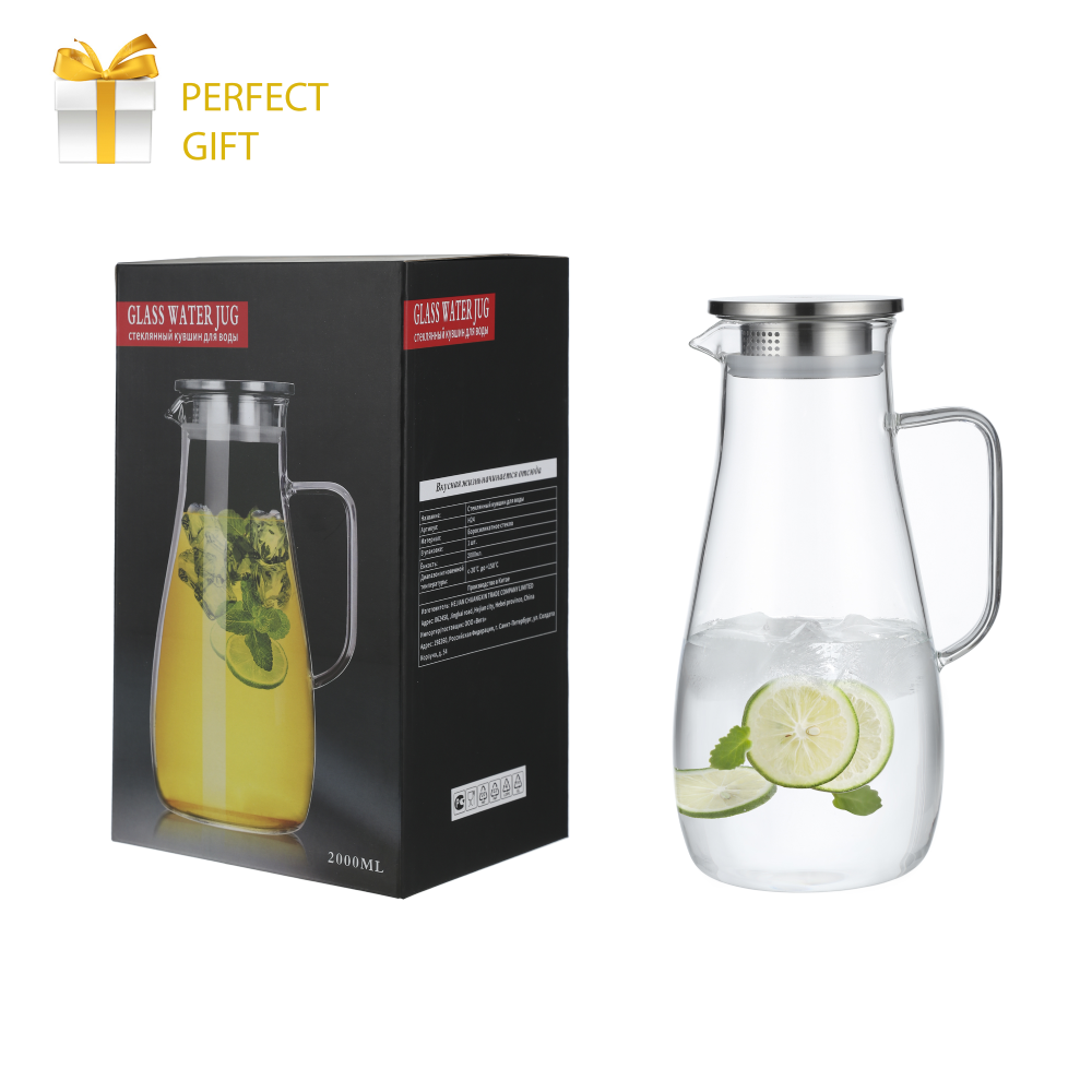 Pichet à eau en verre avec infuseur en acier inoxydable de grande capacité de 2000 ml 68 oz pour jus