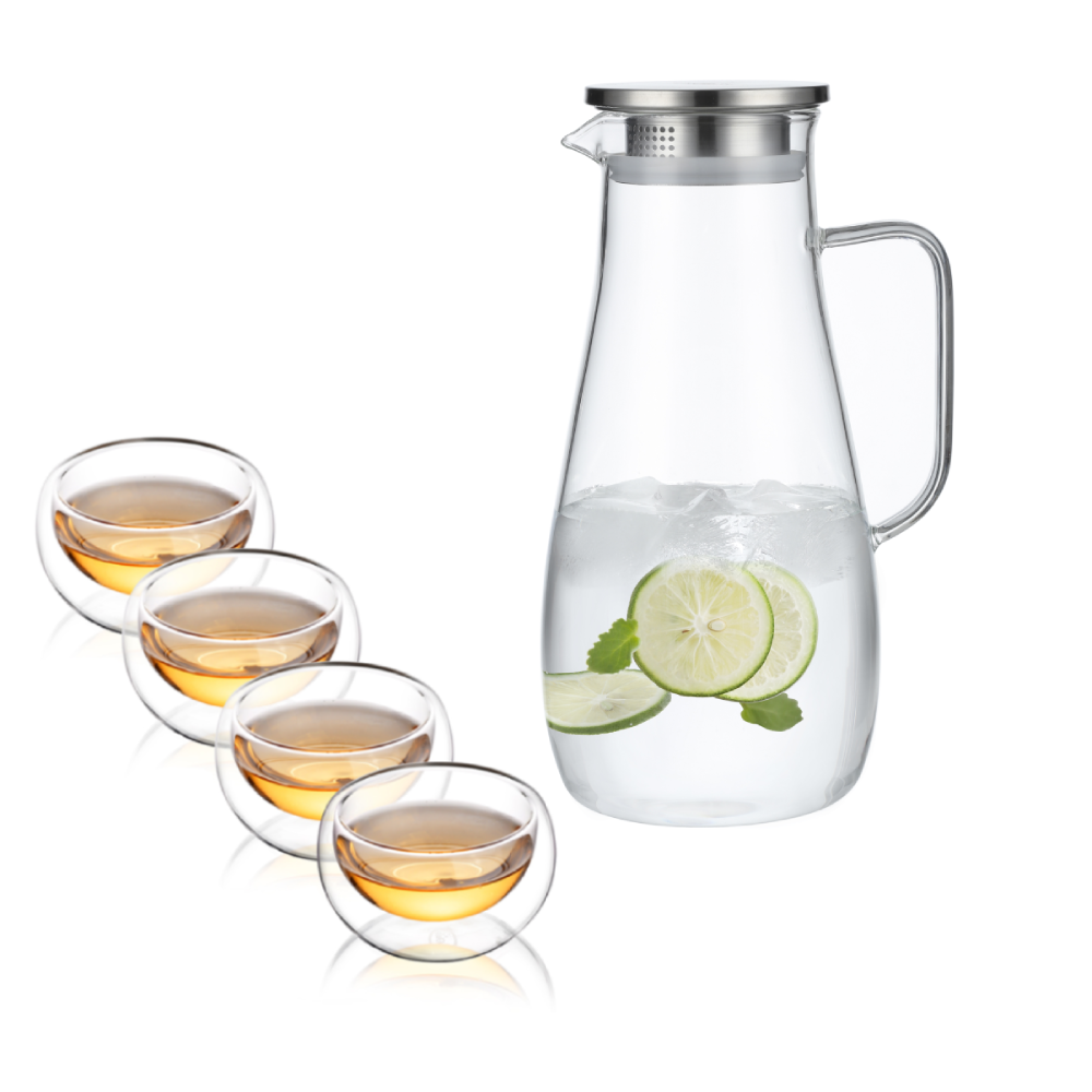 Insulated Glass Cups Tea Fruit Beverages Pitcher With Filter 5 Pcs Set