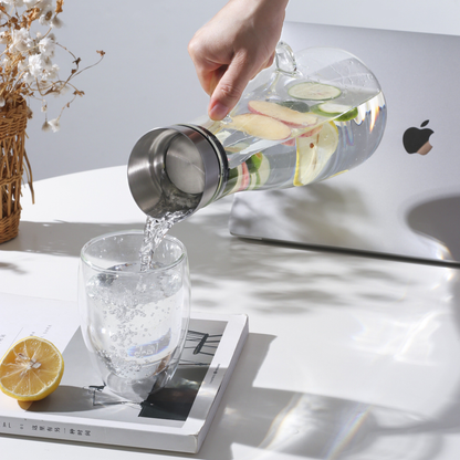 Pichet à eau en verre avec couvercle en acier inoxydable pour boissons au thé aux fruits de 20,3 oz à 56 oz