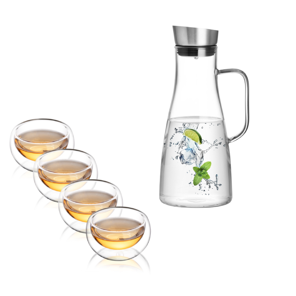 Lot de 5 tasses en verre isolées pour thé, fruits, boissons, pichet avec filtre