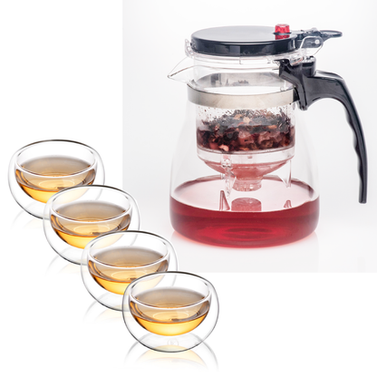 Double Wall Tea Cups Glass Removable Infuser Teapot Set 5 Pcs